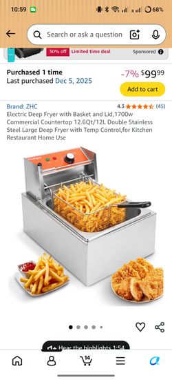 Electric Deep Fryer with Basket and Lid,1700w Commercial Countertop 12.6Qt/12L Double Stainless Steel Large Deep Fryer with Temp Control,for Kitchen R