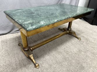 Vintage Hollywood Regency Style Green Marble Topped Brass Coffee Table