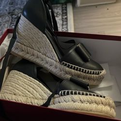 Black Salvatore Ferragamo Double Vara Bow Leather Wedge Espadrille