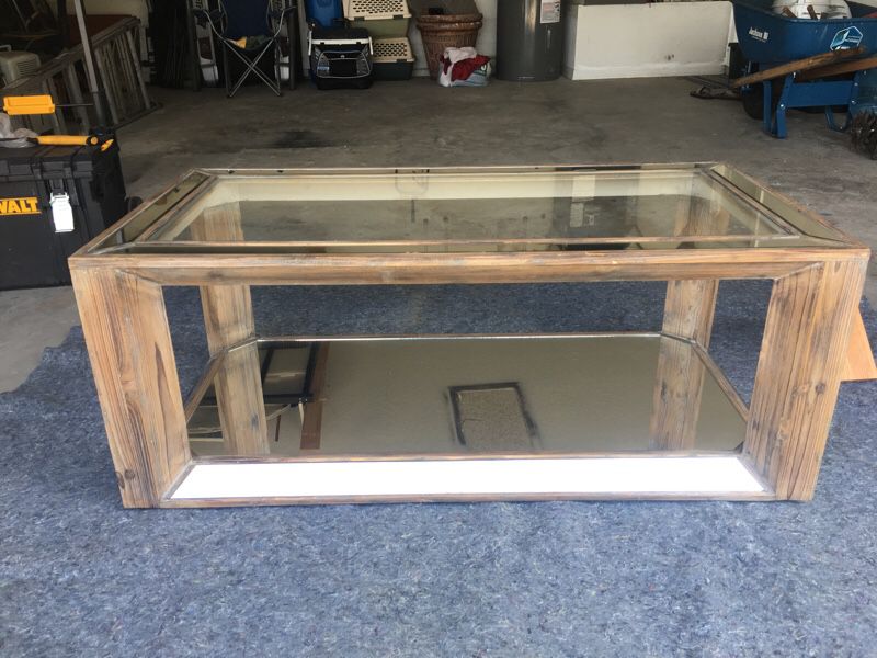 Glass Coffee Table with Real Wood Frame