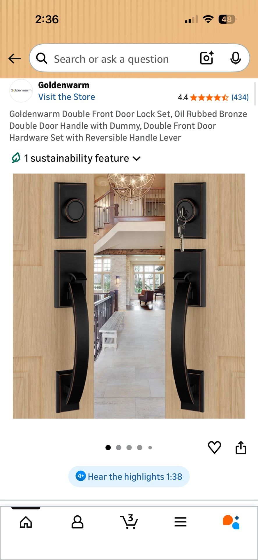 Goldenwarm Double Front Door Lock Set, Oil Rubbed Bronze Double Door Handle with Dummy, Double Front