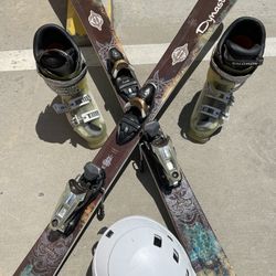 Preowned Women’s Dynastar Skies And Salomon Boots W/Helmet. Snow Outdoor Winter Sport