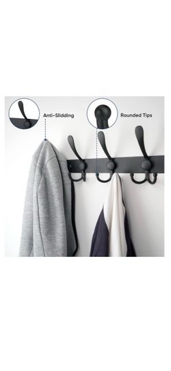 Wall Mounted Coat Rack, Five Heavy Duty Tri Hooks All Metal Construction for Jacket Coat Hat in Mudroom Entryway (Matte Black, 1-Pack)