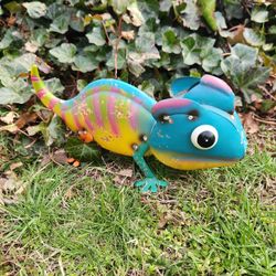 Metal Garden Sculpture - Colorful Chameleon Statue 14"