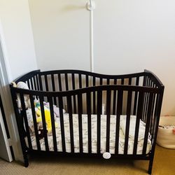 Wooden Crib, Newton Mattress, Crib sheets, Crib skirt and mesh guard