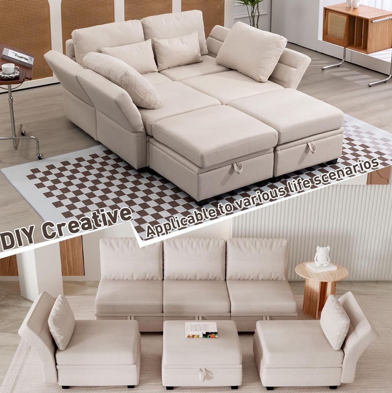 6 Seat Modular Sofa, L Shaped Sectional Couch with Storage for Living Room, Modern Fabric Settee Sleeper with Double Ottoman & Memory Foam, White