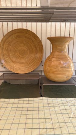 decorative wooden vase with matching plate