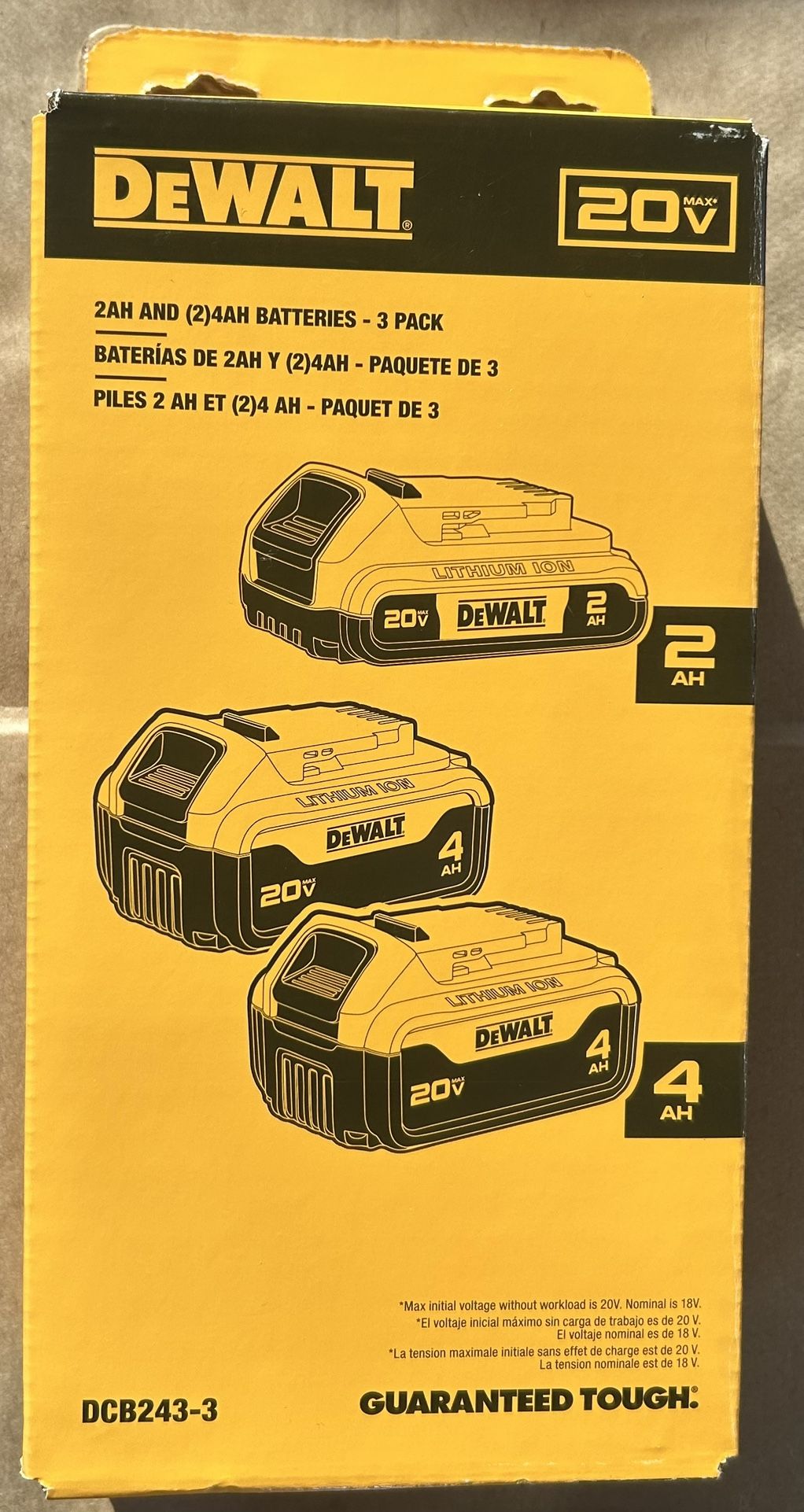 (NEW) DEWALT 20V MAX (1)2AH & (2)4AH LITHIUM-ION BATTERIES- 3 PACK #DCB243-3
