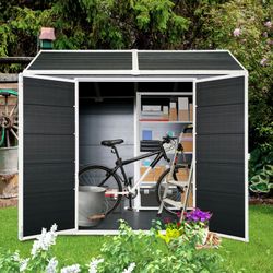 4x8ft Resin Outdoor Storage Shed with Two-Window and Double-Door,Plastic Shed with Floor for Gargen,Patio,Yard,Lawn,Black
