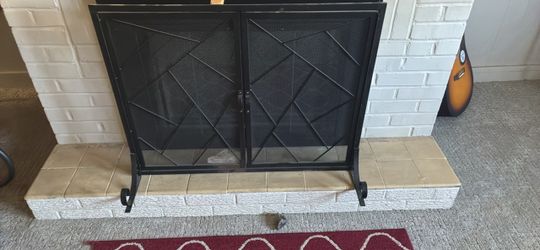 Black Metal Fireplace Screen with Doors