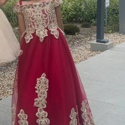 Mini Quince dress- Kids Red Flower Girl Dress With Crown