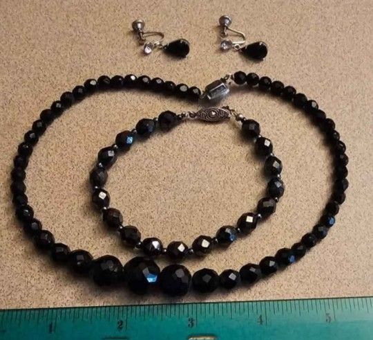 3 pc Lot Vintage Black Glass Jewelry Set | Estate Jewelry