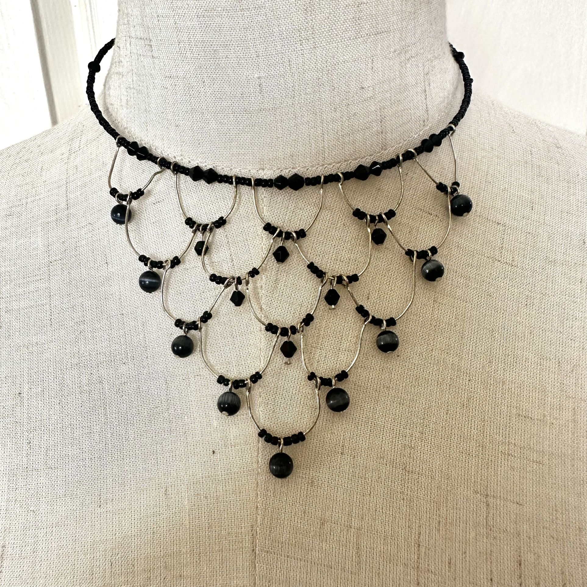 Black Beaded Wire Choker Necklace
