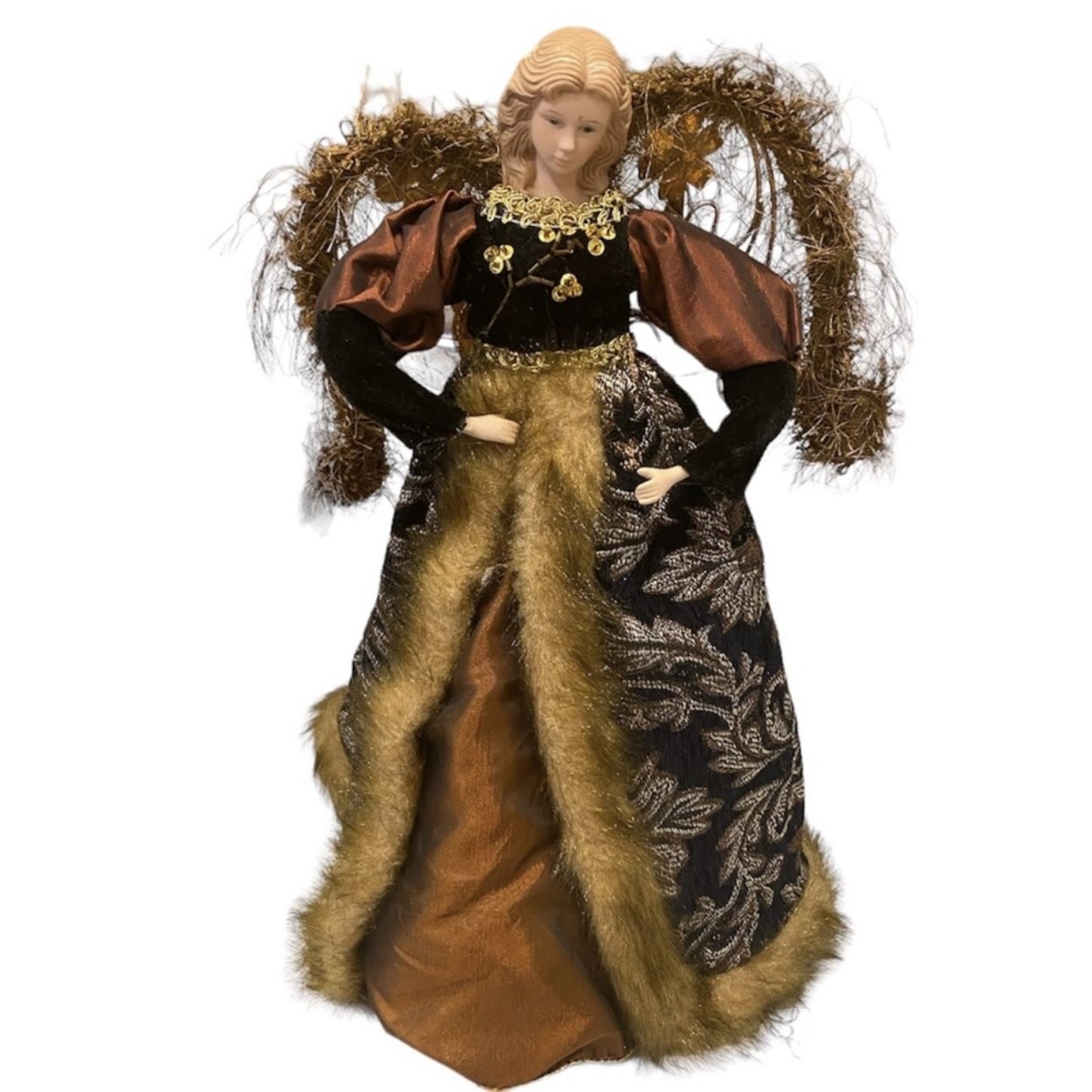 Retro Angel Christmas Tree Topper Brocade Robe Gold Brown Shelf Stand
