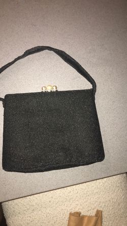 Black Beaded Evening Bag with Pearl Clasp