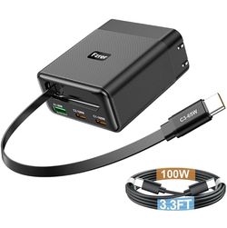 4-in-1 GaN Retractable Wall Charger Built-in 65W 2.3FT Type-C Charging Cable，Dual 100W Type C + 30W USB Port with 3.3FT Long 100W Type C Charger Cable