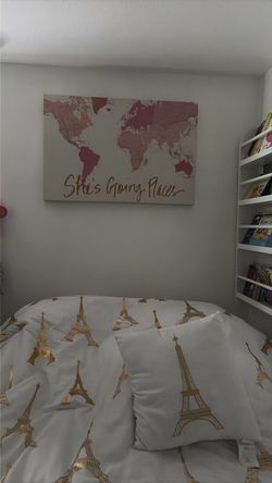 She's Going Places World Map Canvas Wall Art & Queen Paris Print Comforter