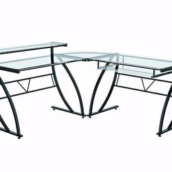 Desk Black Leather Top Desk with Silver Metal Stands"