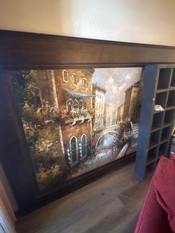 Large Framed European Canal Landscape Painting