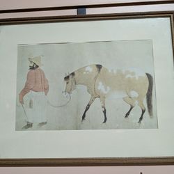 Antique Ming Dynasty Chinese Mongol Leading A Horse Framed Art Print Wall Decor
