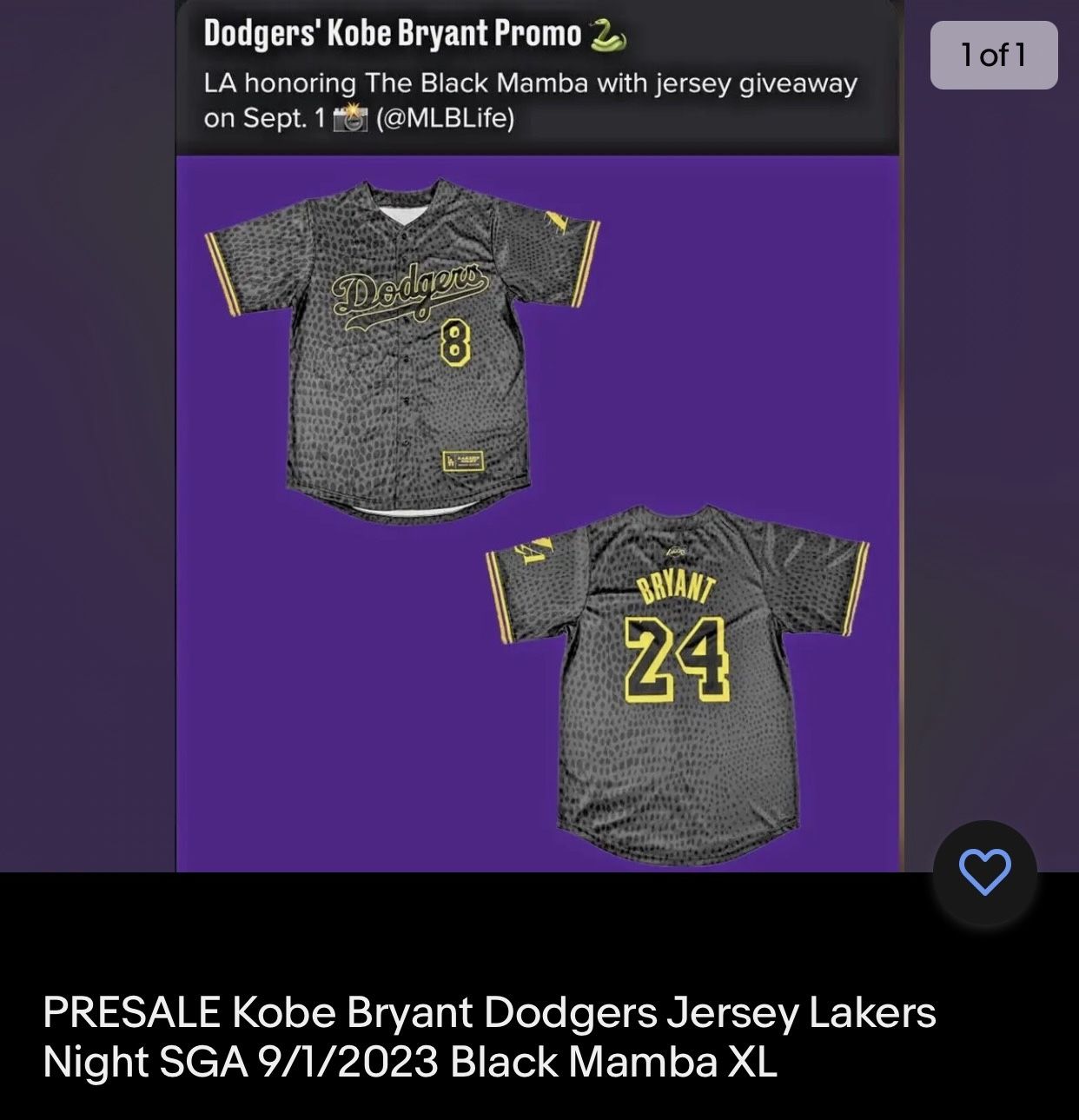 NEW KOBE BRYANT DODGERS JERSEY LAKER NIGHT SGA 9/1/23 BLACK MAMBA