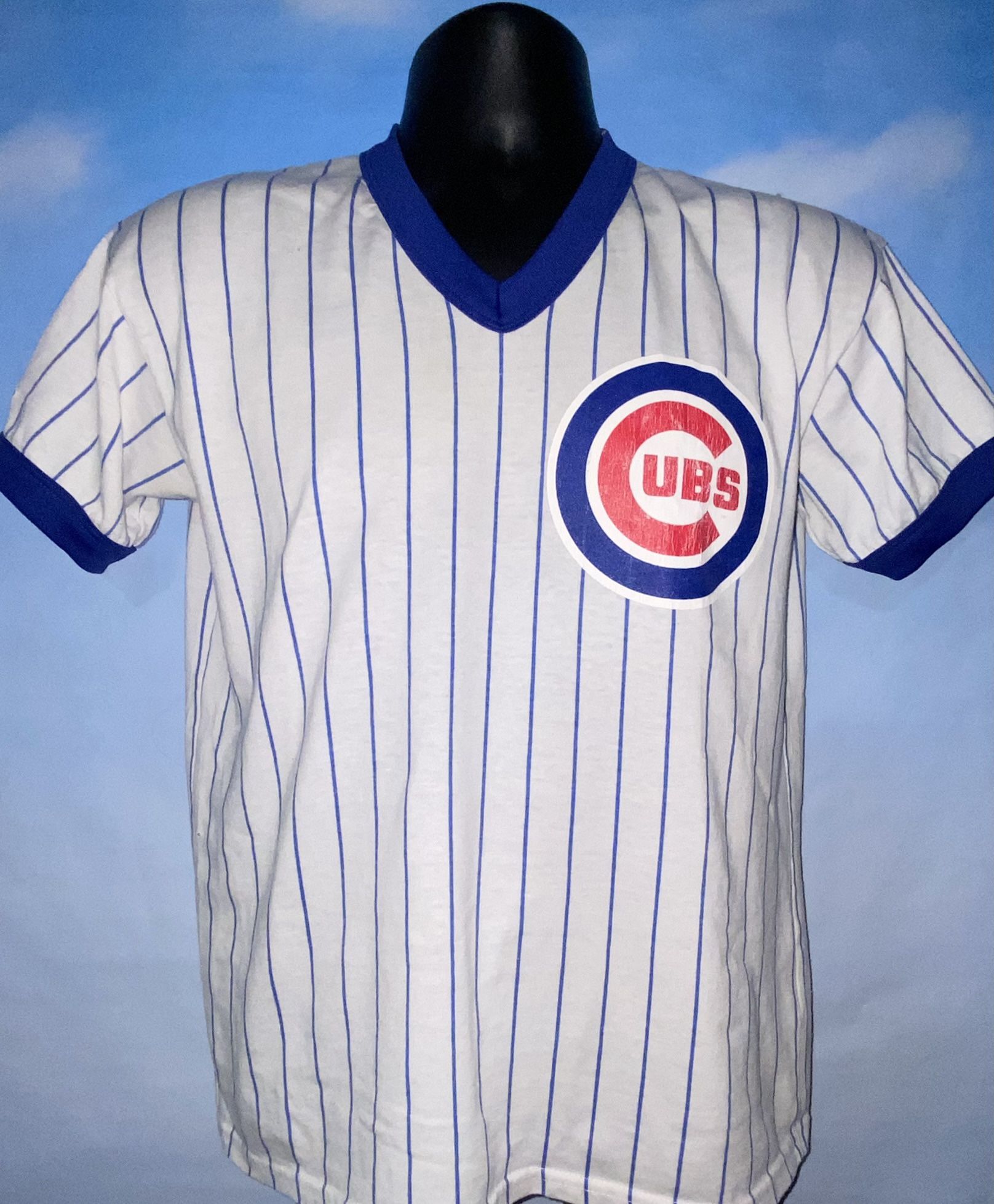 Vtg Chicago Cubs Pinstripe Ringer MLB V-Neck Baseball Tee Size S/M