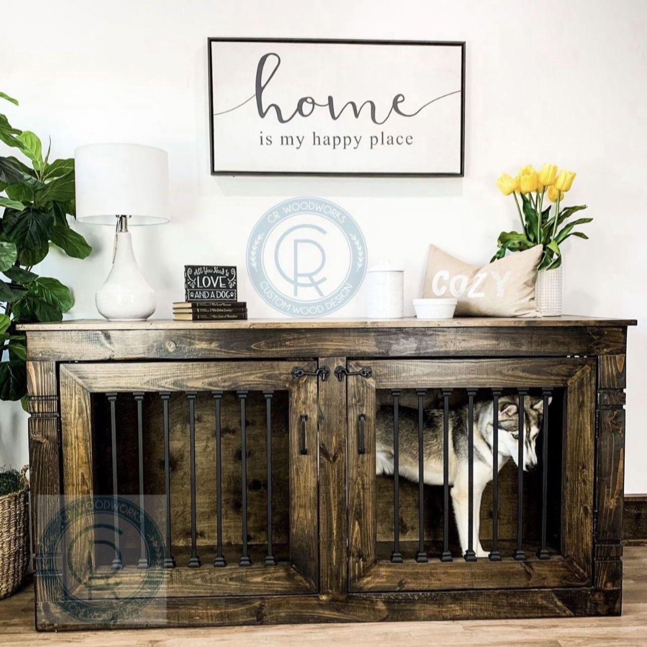 Custom Built Dog Kennel Crate Cage House Console Cabinet TV Stand Farmhouse Modern Rustic Dog Bowl Toy Bed Wood Barn Door