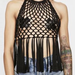 Women’s Black Halter Crop Top Crochet Size M/L