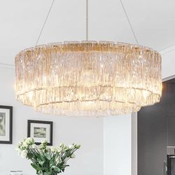 CATINER Gold Chandeliers 24”Modern Crystal Glass Round Chandelier 10-Light Drum Pendant Ceiling Light Fixtures Luxury 2 Tiers Hanging Chandelier For D