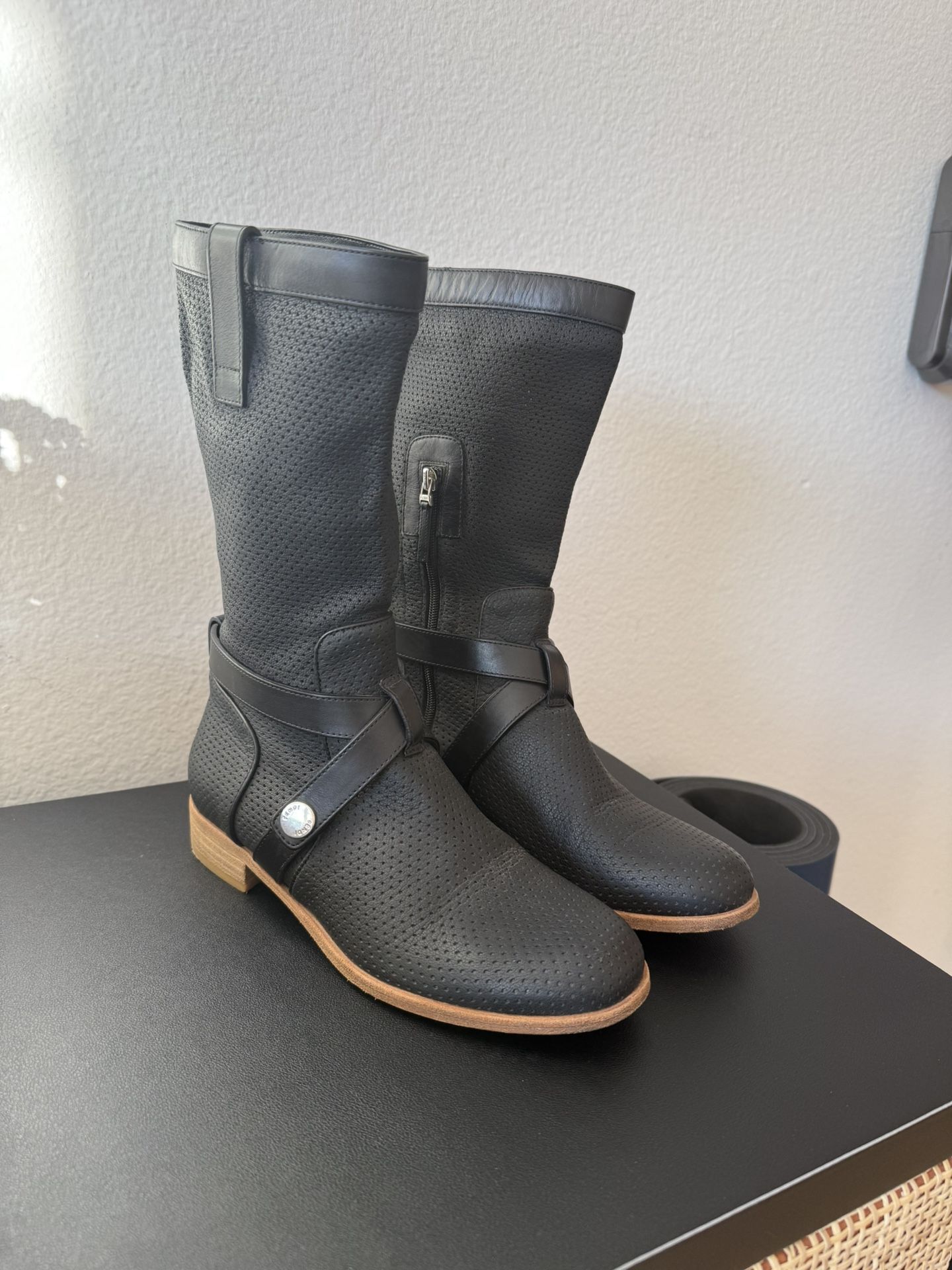 Fendi Black Perforated Leather Boots Zipper Silver Button Zipper Size 36.5