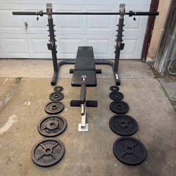 Olympic Weights, 7-ft Olympic Bar, Adjustable Bench, Squat Rack