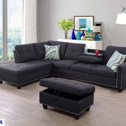New Dark Grey Sectional With Ottoman 