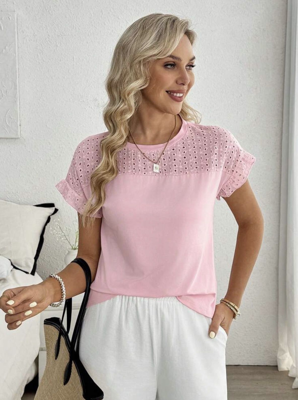 Women's elegant Pink blouse Short Sleeve Top