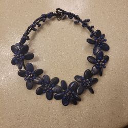 Blue Beaded Flower Choker Necklace 