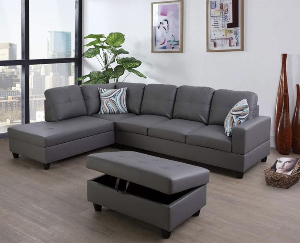 Brand New Gray Sectional Sofa Couch With Ottoman