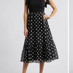 Anne Klein Tie Strap Midi Dress With Tiered Polka Dot Skirt Size 8