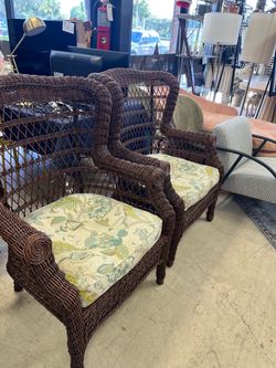 Dark Brown Wicker Armchairs with Floral Cushions