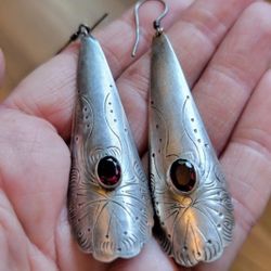 Vintage Native American Handcrafted Sterling Silver Garnet Earrings 3"