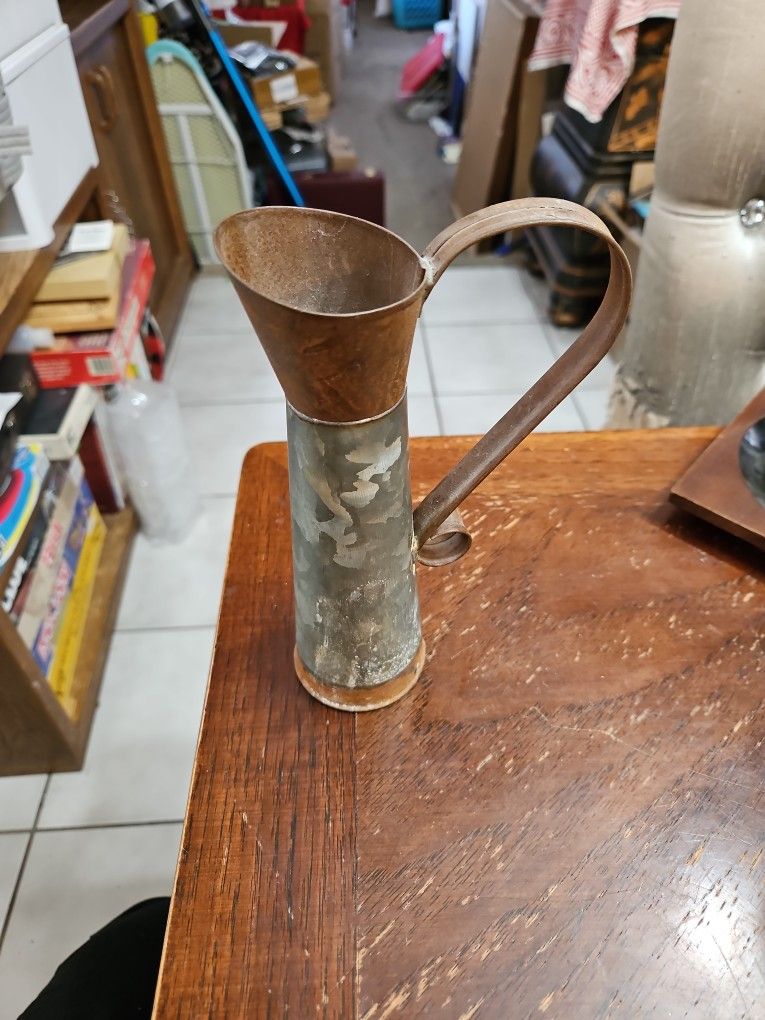 Antique Copper And Galvanized Silver Metal Pitcher