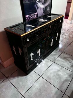 Vintage Oriental Black Lacquer Buffet Inlaid with Mother of Pearl With Glass Top-48”Lx17”Wx32”H 2 Available