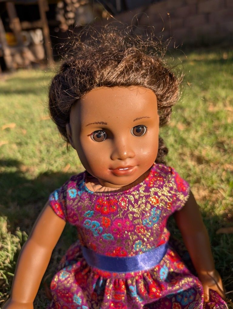 American Girl Truly Me 18” Doll – Brown Eyes, Curly Dark Brown Hair, Medium-Dark Skin Tone – Purple Floral Dress
