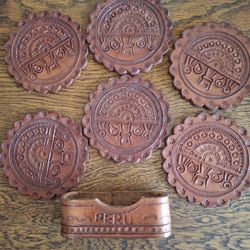 Mid-Century Peruvian Tooled Leather Coasters - Set of 6 with Holder