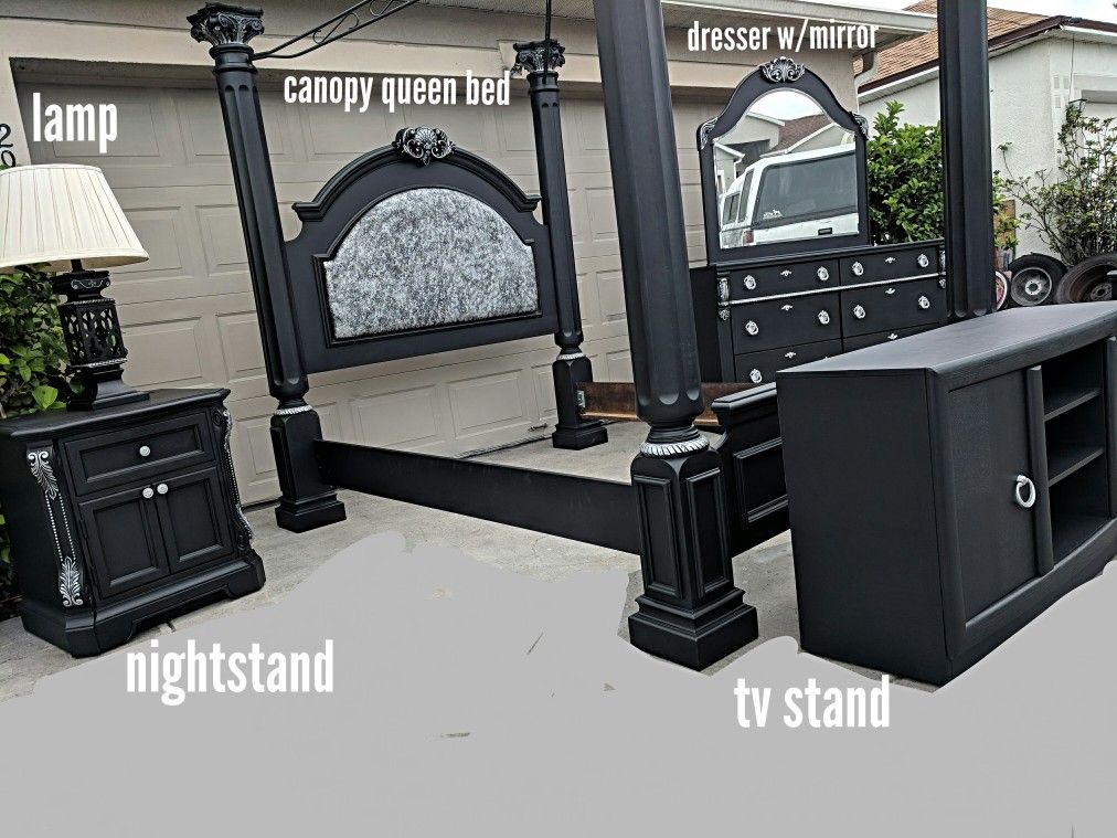 8 Piece Queen Size Matte Black Canopy Bedroom Set