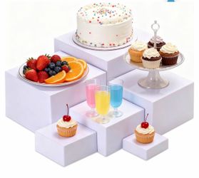 (E-10) Buffet Risers White Acrylic Large Food Risers with Table Sign 6Pcs Buffet Table with Mini Table Sign, Display Stand Shelf for Party, Catering C