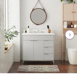 COSMOLIVING LEONA BATH VANITY IN WHITE WITH ENGINEERING STONE COMPOSITE TOP