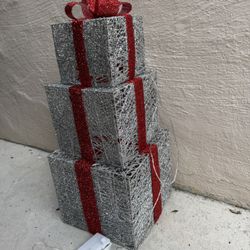 Set of three Christmas Winter Wonderland silver and red glitter gift boxes Light Up Decorations with Red Ribbon