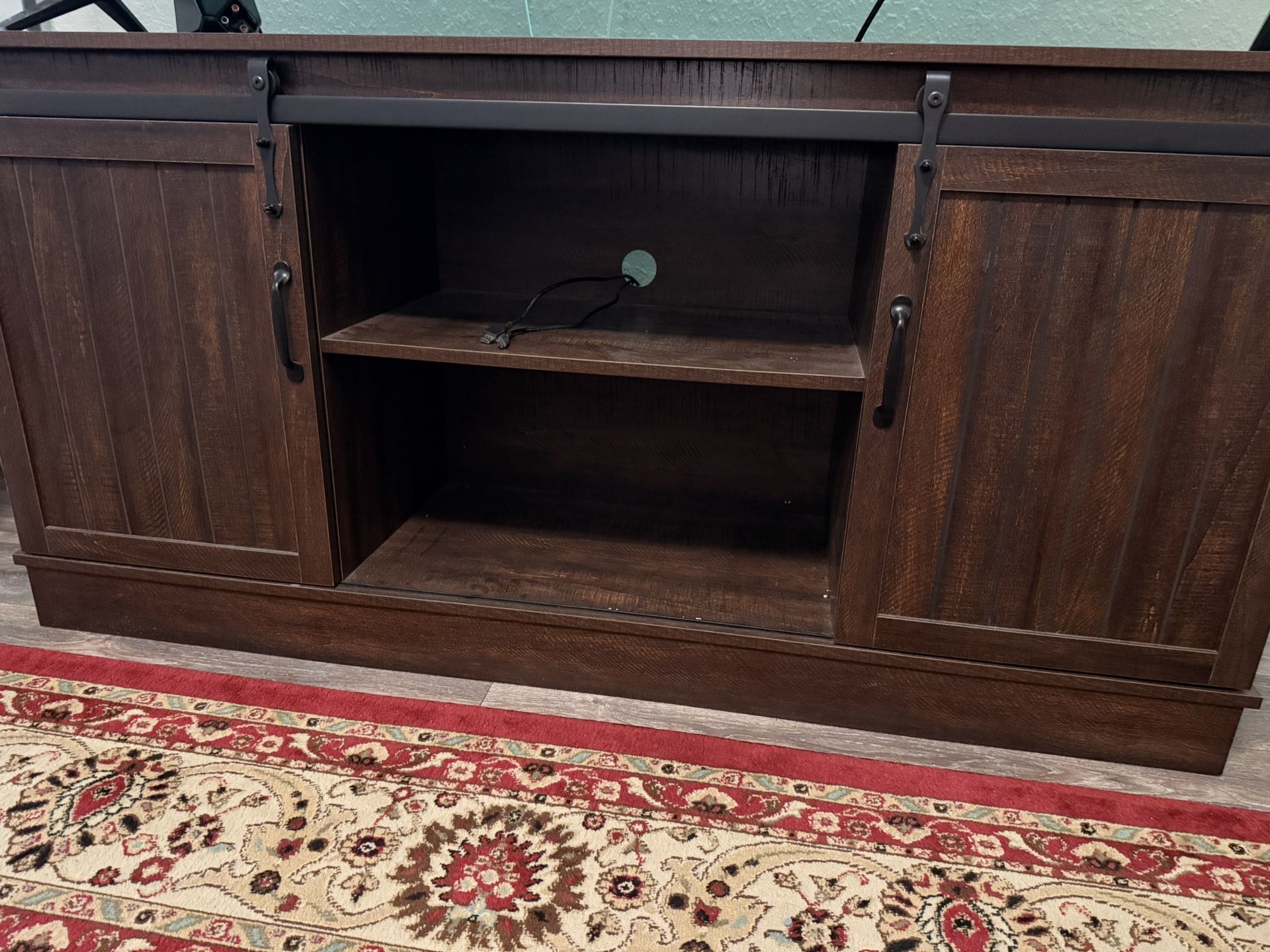 Rustic Dark Wood TV Stand with Sliding Barn Doors – Good Condition