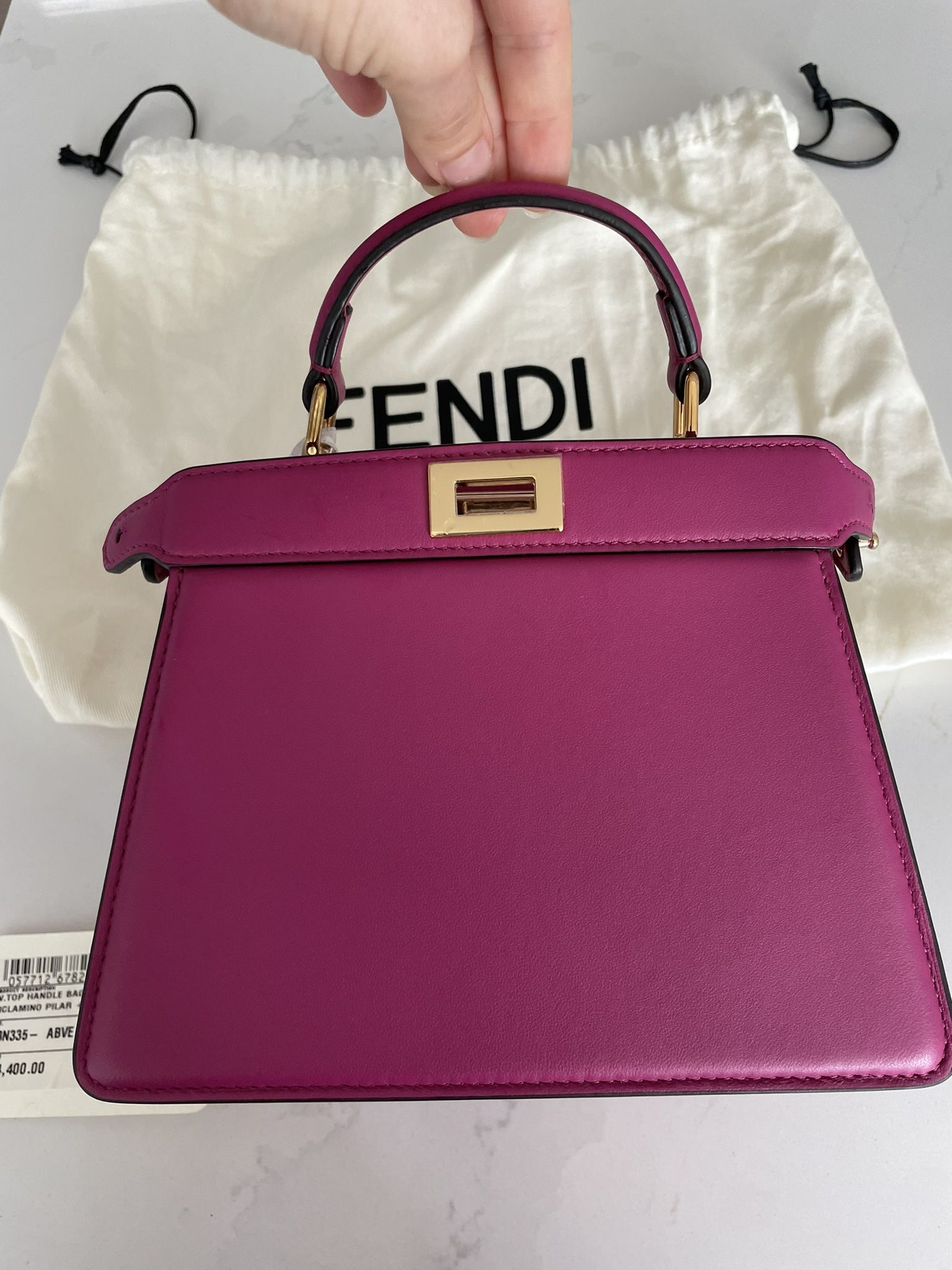 Authentic, Brand New Fendi Peekaboo Nappa Lamb Leather Bag-Ciclamino Pilar with Soft Gold Accents