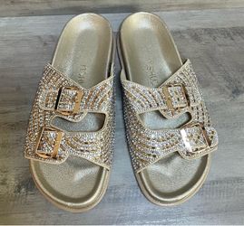 MSHUZ Rhinestone Buckle Double Strap Slide Sandals Gold