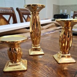Set Of 3 Gold Candle Pillars